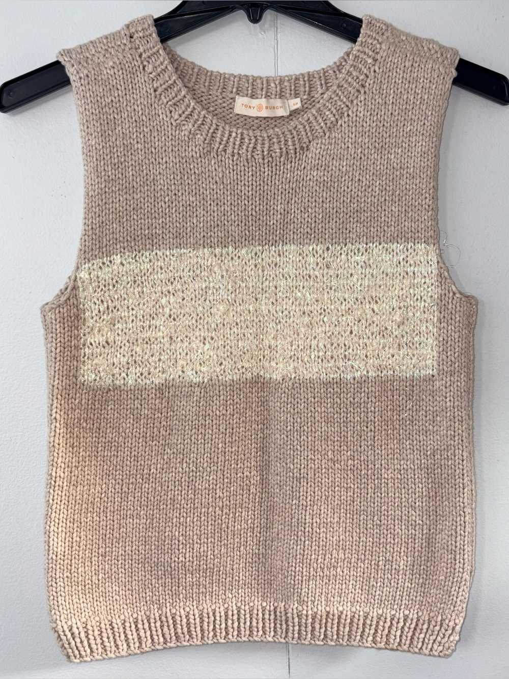 Tory Burch S/P Beige Lurex Stripe Sleeveless Sweater Vest Knit Designer